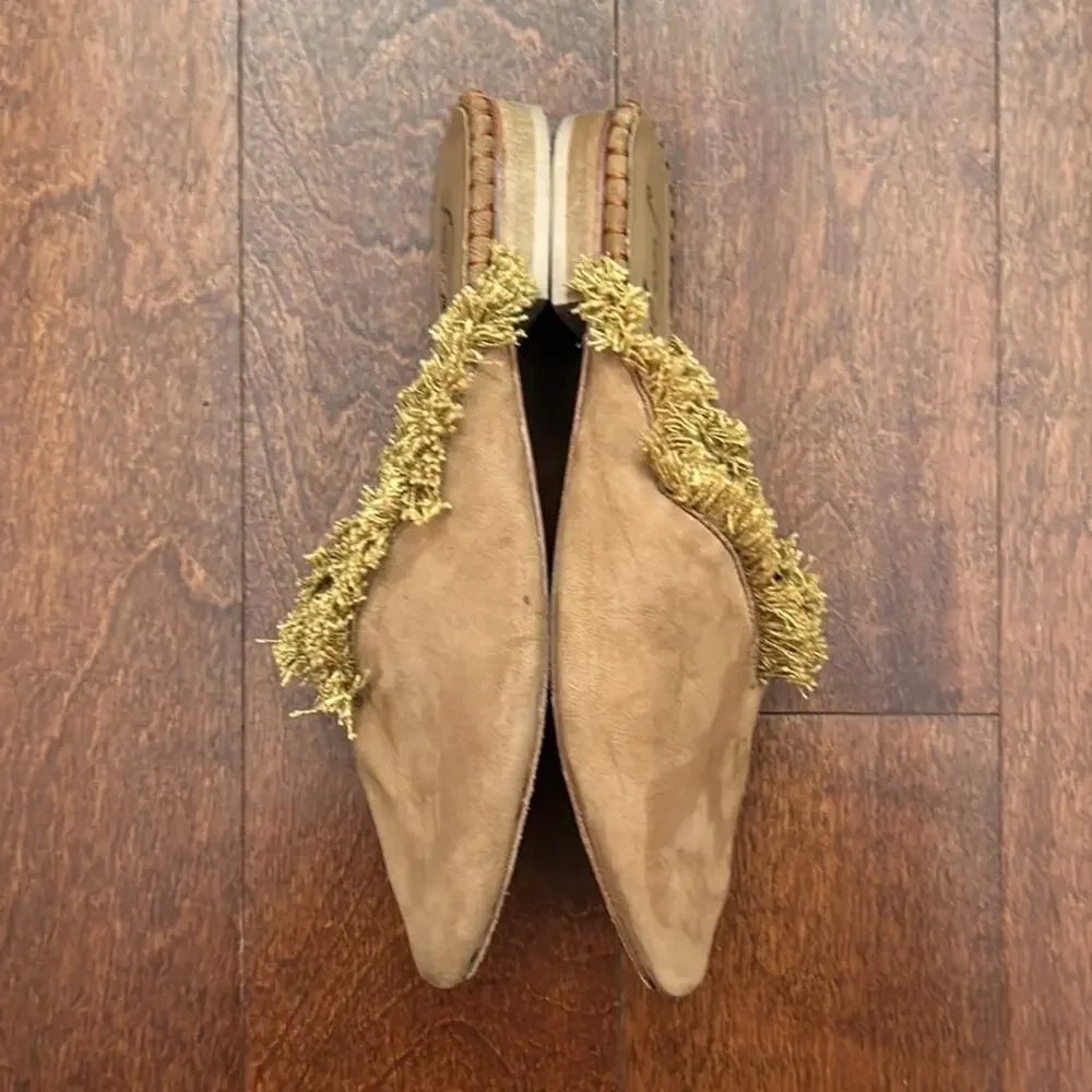 Free People Newport Fringed Mules, Tan Suede, Size 37